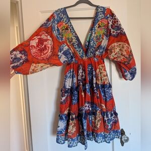 Red and Blue Printed V-Neck Mini Dress